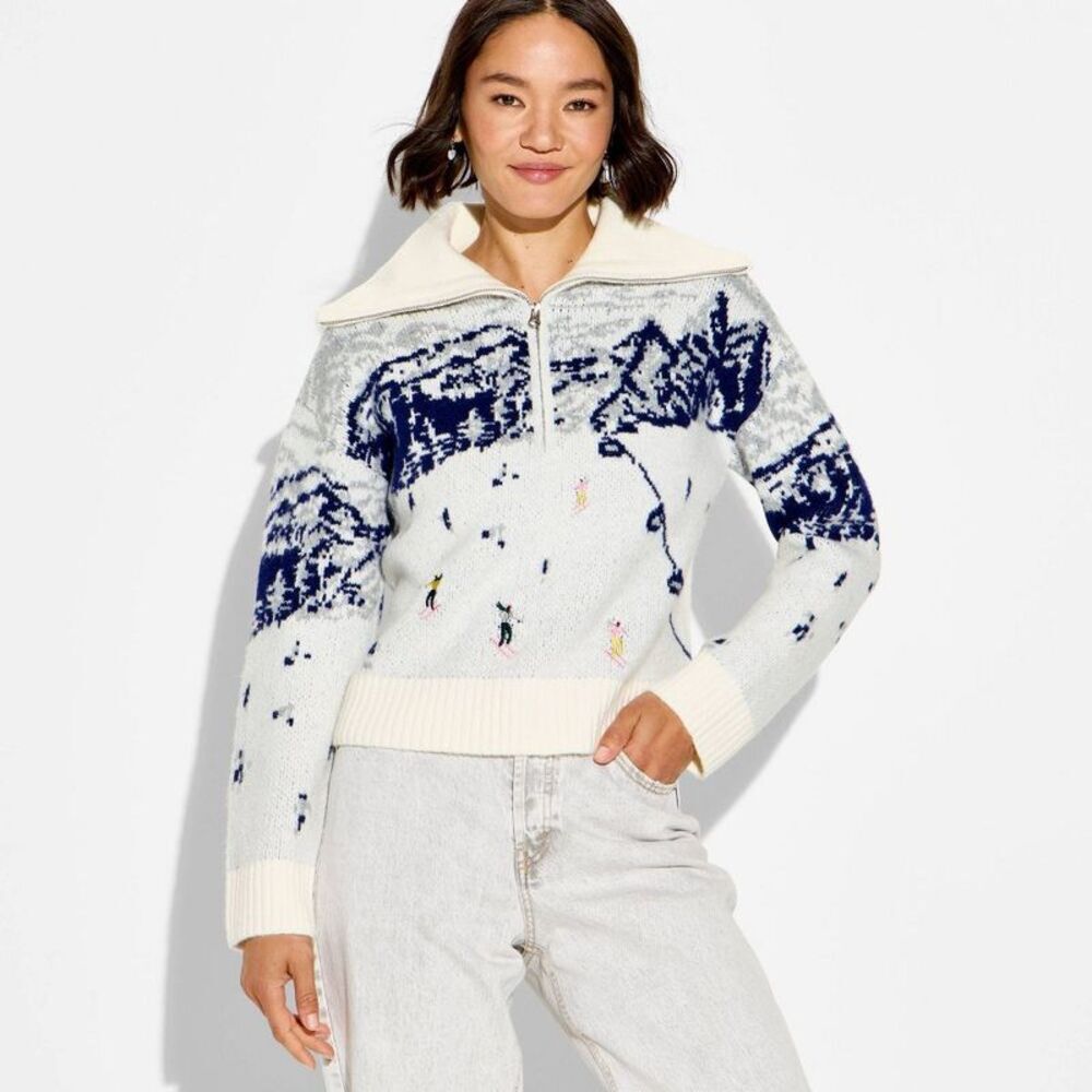 Women's Polo Collar Quarter Zip Novelty Pullover Sweater - Off-White Landscape S